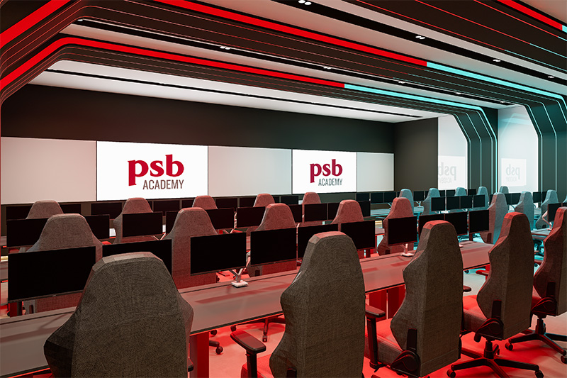 computer screens and chairs with LED wall