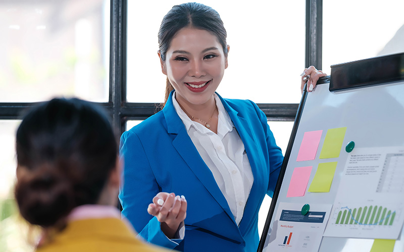 Woman leading a presentation using a whiteboard.