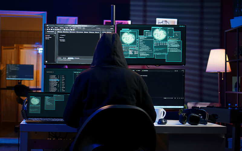 Hacker working on multiple computer screens at night
